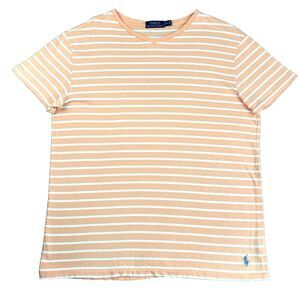 Polo Ralph Lauren Striped T-Shirt M Peach White Soft V-Neck Preppy Coastal Chic